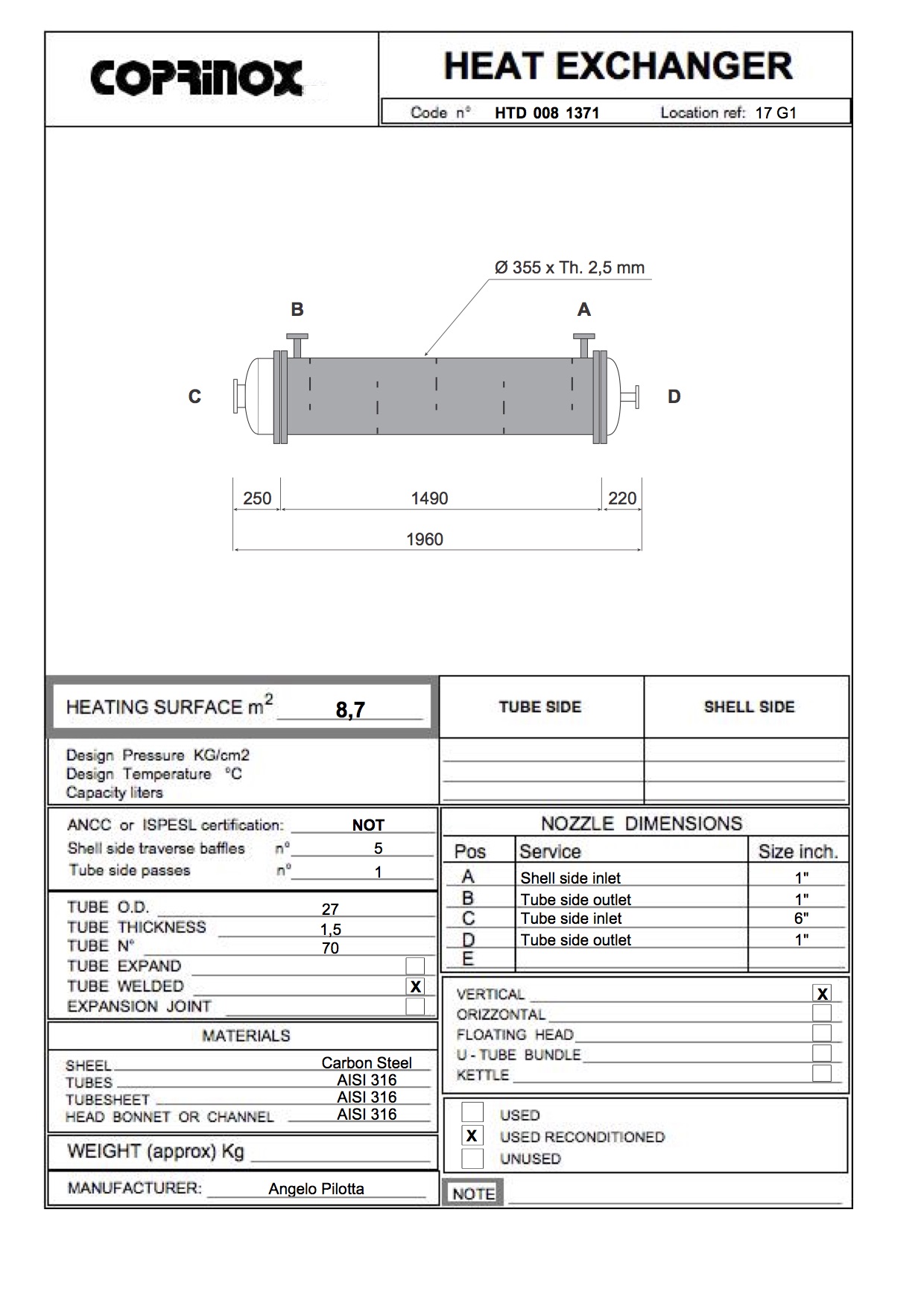 Usato Scambiatore di calore Angelo Pilotta da 8,7 metri quadrati