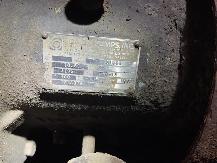 Used GOULD 3196 3X4-13 316 S/S CENTRIFUGAL PUMP WITH 50 HP MOTOR