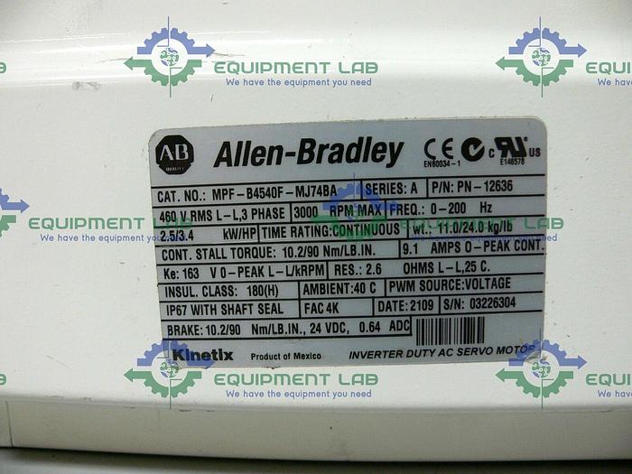 Used Allen Bradley MPF-B4540F-MJ74BA Kinetix Brushless AC Servo Motor 460V 3000 Rpm