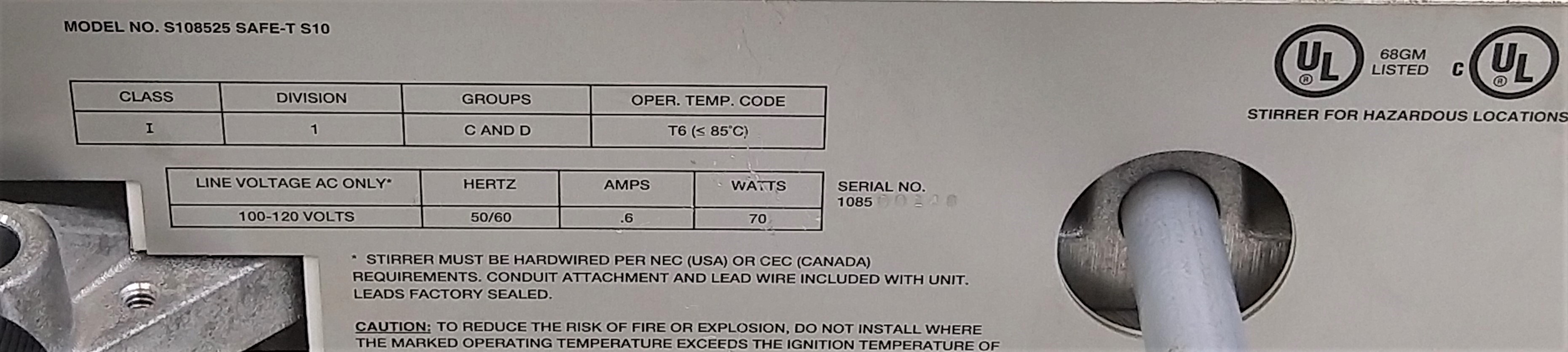 Used Thermolyne Safe-T S10 Explosion-Proof Stirrer with Stainless Steel Platform
