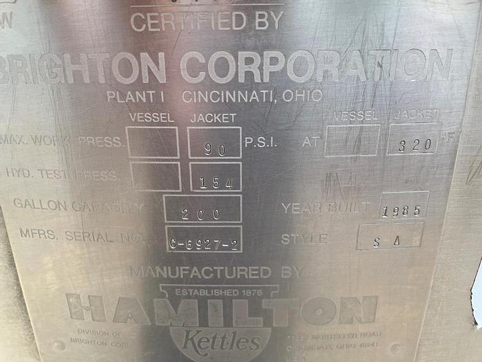 Used 200 GALLON HAMILTON DOUBLE MOTION KETTLE - S/S - JACKETED