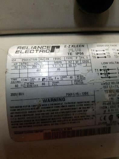 Used RELIANCE ELECTRIC MOTOR P56X4715M EZ kleen plus .5 hp
