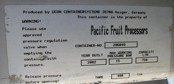 Used Tank, 200 Gallon, 304L S/st, 46" x 24", Tote, Ucon, #L741302