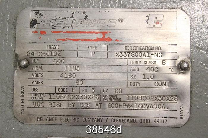 Used Reliance 600 HP AC Motor , 1185 RPM, 4160 Volts #38546