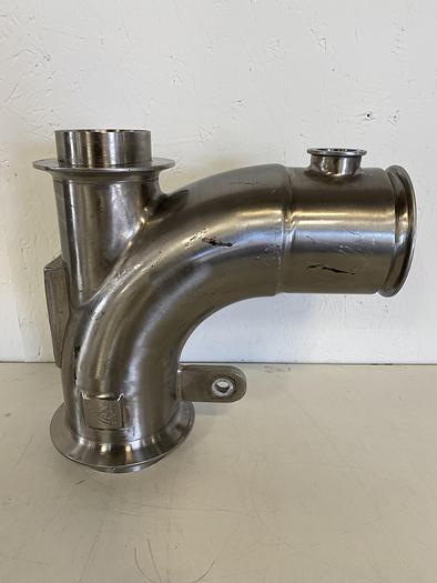 Used Stainless Steel 4-way Elbow w/ 4" & 1 1/2" Sanitary Fitting to 3" & 4 1/2" OD