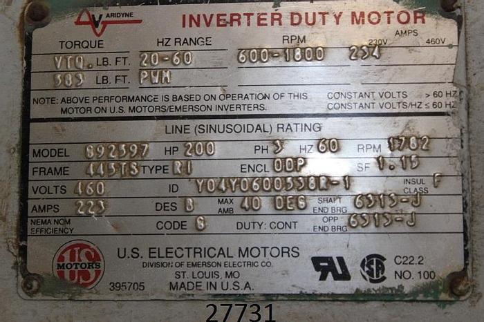 Used Us Electrical 692597 Motor, 200 Hp, 1782 Rpm, 460V, 223 Amps, Frame 443Ts, Insulation Class F, Code G, Design B, S.F. 1.15, 3 Phases, Type R1, Shaft End Brg 6313-J, Opp Side Brg 6313-J #27731