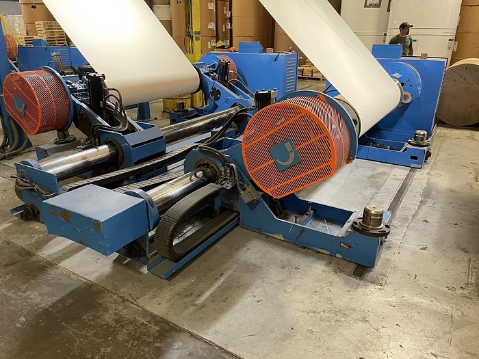 Used 65" JAGENBERG SYNCRO DUAL ROTARY KNIFE SHEETER W/ 4 SHAFTLESS UNWIND STANDS