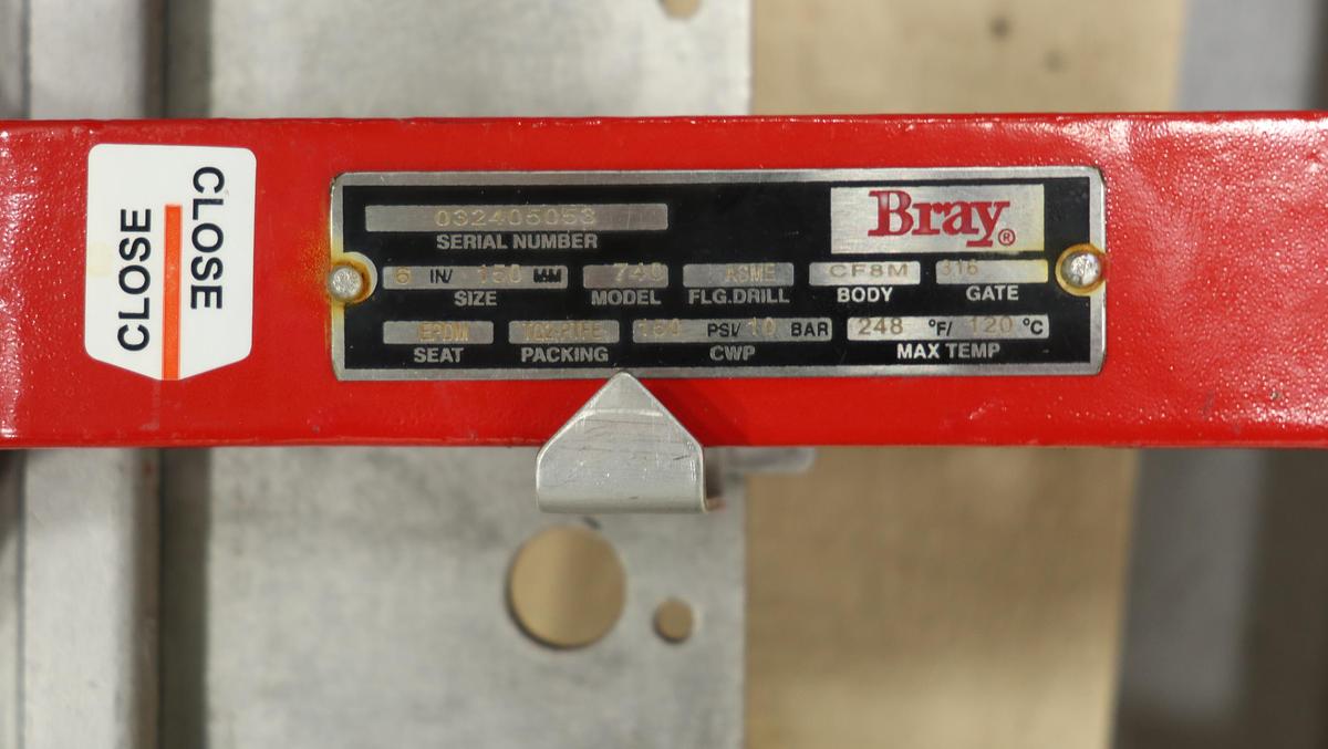 Unused Bray 6" Hand Operated Knife Gate Valve #47179