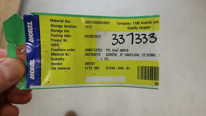 Unused Andritz Screw for Pulp Mill Refiner #45328