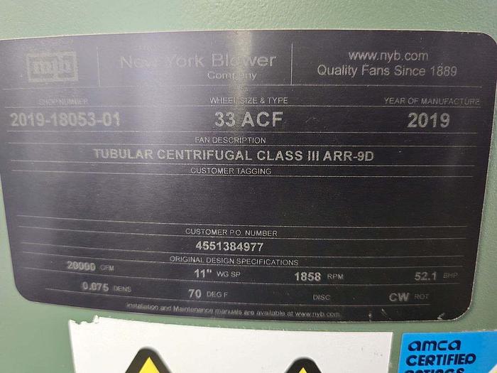 Unused New York Blower Company Tubular Centrifugal Blower #45745