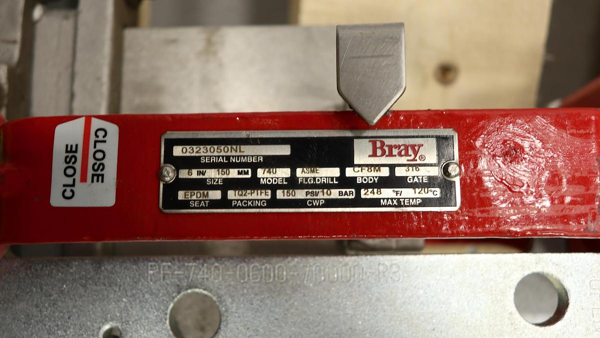 Unused Bray 6" Air Operated Knife Gate Valve #47180