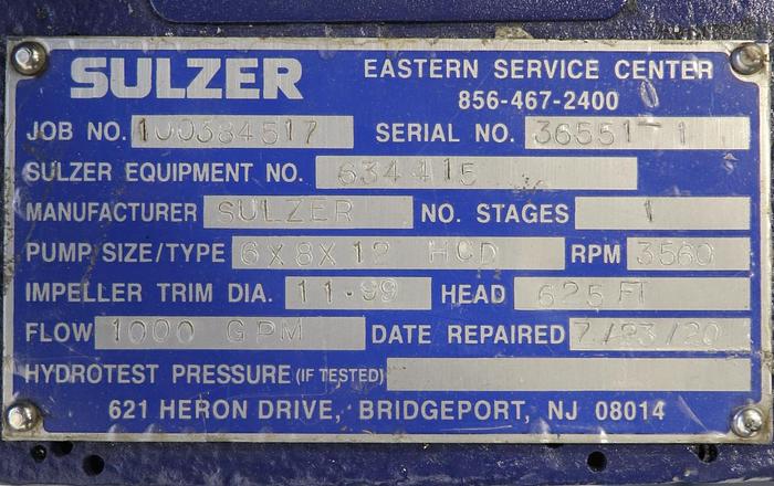 Refurbished SULZER/BINGHAM 6X8X12 HCD High Pressure Pump #46192