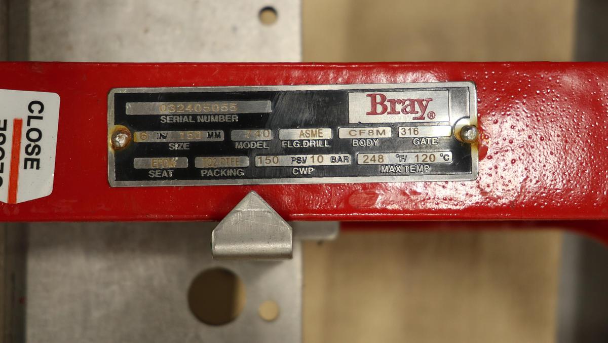 Unused Bray 6" Hand Operated Knife Gate Valve #47179