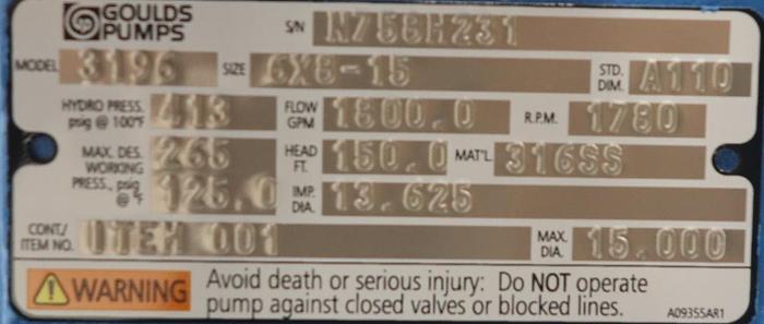 Unused Goulds 3196 6x8x15 Pump With Base Plate #45825