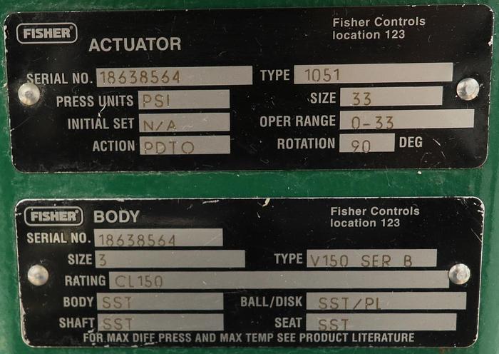 Used Fisher 3" V150 Series B Air Operated Vee Ball Valve #46258