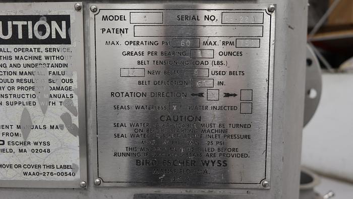 Used Bird Escher Wyss Model 3 Pressure Screen #45412