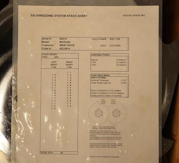 Unused SSI Shredding Systems M70E SSI Dual-Shear Blade Assembly #46054