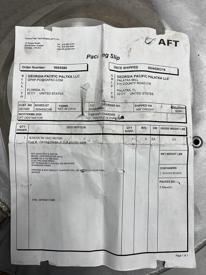 Unused GL&V/AFT CENTRISORTER M210 GHCB Solid Rotor, Stainless Steel, Unused Storeroom Spare  #47252