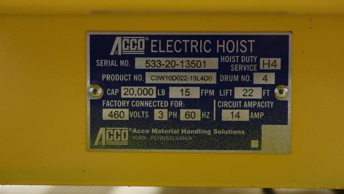 Used Acco C3W10D022-15L4D0 Electric Hoist #47213