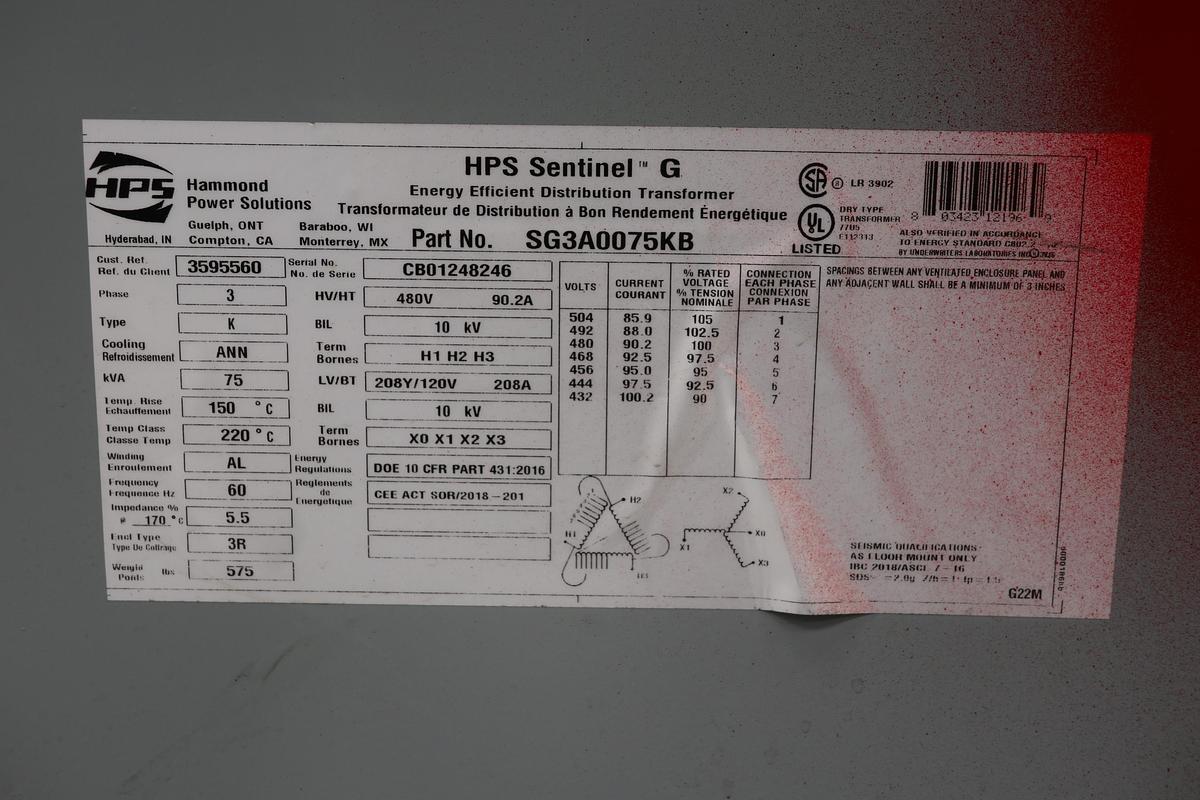 Used Hammond Power Solutions SG3A0075KB Transformer #47602