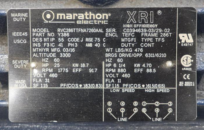 Unused Marathon RVC286TTFNA7260AAL A/C Motor #45725