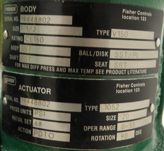 Used Fisher 1.5" V150 Air Operated Vee Ball Valve #46262