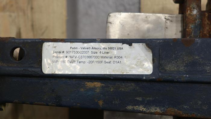 Used 4" Fabri-Valve Hand Operated Knife Gate Valve #45083