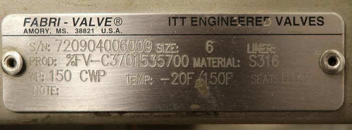 Used FABRI-VALVE 6" Hand Operated Knife Gate Valve #46249