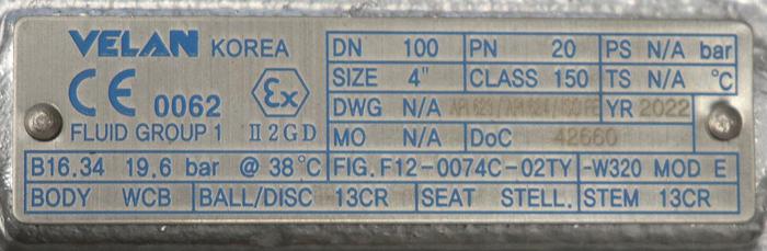 Unused Velan 4" Hand Operated Outside Stem And Yoke Valve #45736