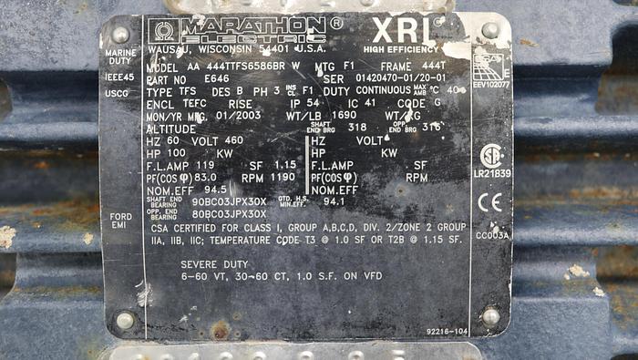 Used Marathon AA 444TTFS6586BR W A/C Motor #45637