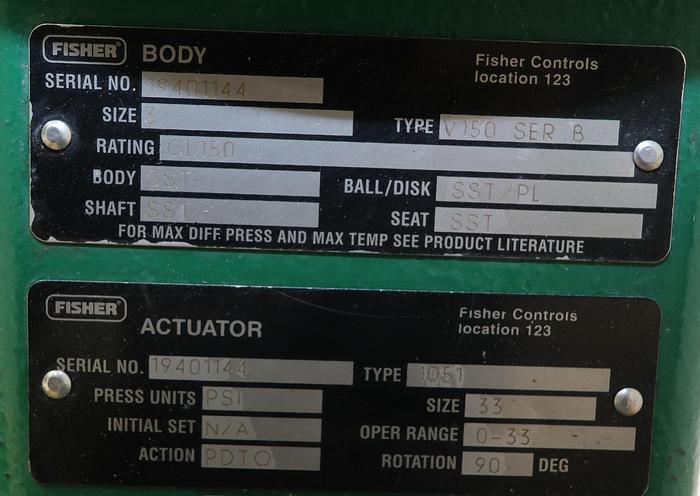 Used Fisher 3" V150 Series B Air Operated Vee Ball Valve #46256