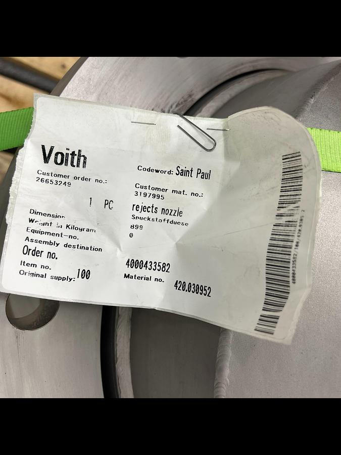 Unused VOITH ATS 500 TURBO SEPARATOR REJECTS NOZZLE #47261