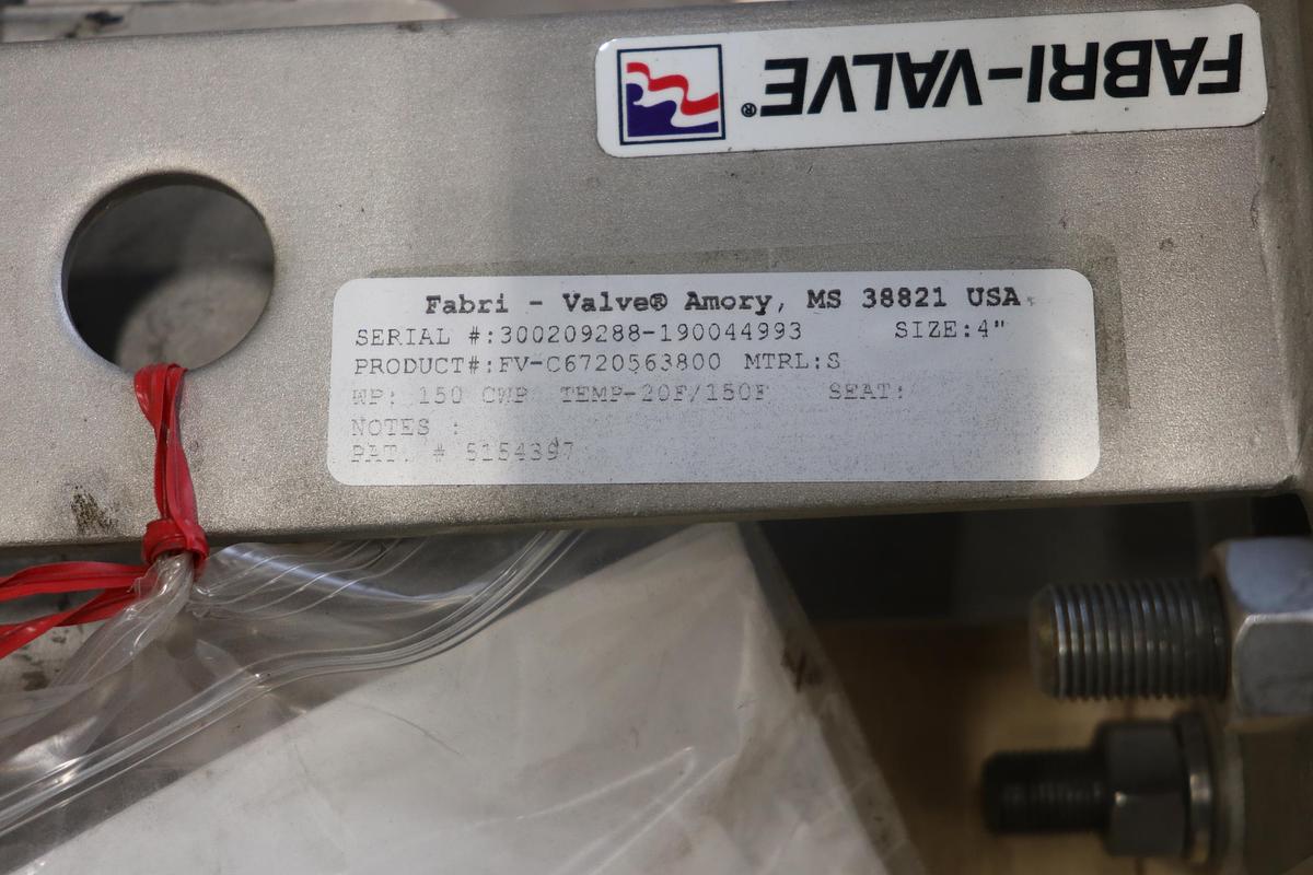 Unused Fabri-Valve 4" Air Operated Knife Gate Valve #47429