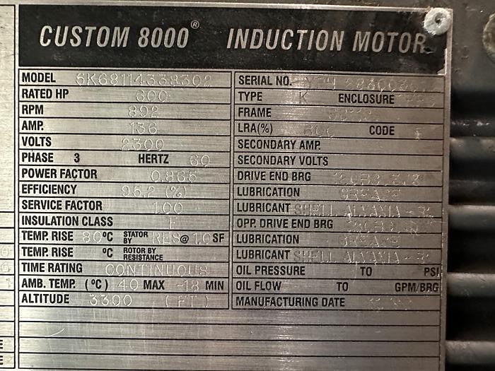 Used General Electric 5K68114338302 Custom 8000 Induction Motor, 600 Hp, 892 Rpm, 2300 Volt #39084