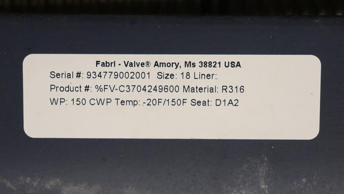 Unused Fabri-Valve 18" Hand Operated Knife Gate Valve #45885