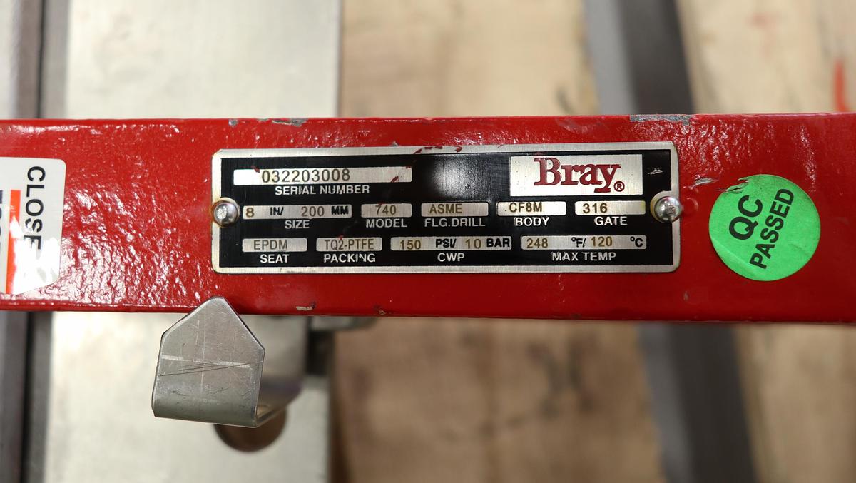 Unused Bray 8" Hand Operated Knife Gate Valve #47176