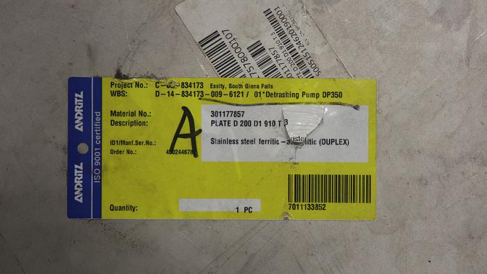 Unused Andritz DP350 Detrashing Pump Backing Plate #45774