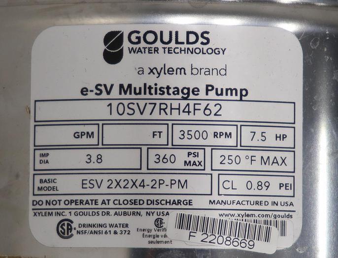 Unused Goulds E-SV ESV 2X2X4-2P-PM 2x2X4 Multi-Stage Pump #45721