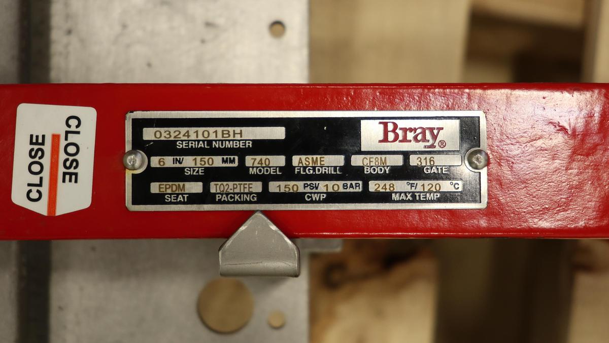 Unused Bray 6" Hand Operated Knife Gate Valve #47179