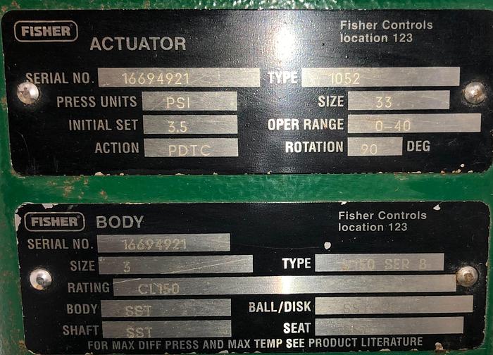 Used Fisher 3" V150 Series B Air Operated Vee Ball Valve #46265