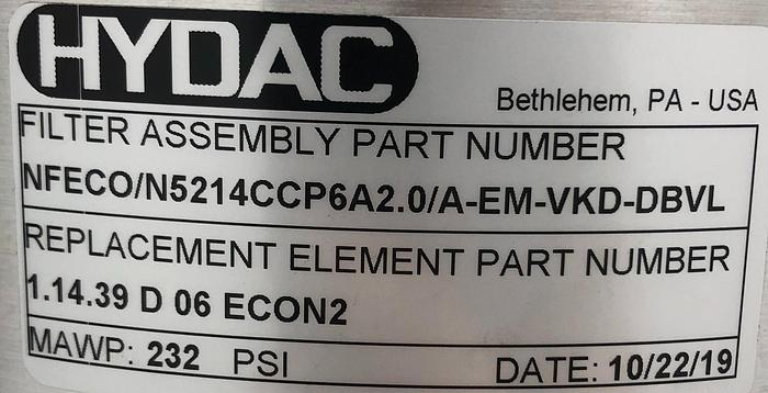 Unused Hydac NFECO/N5214CCP6A2.0/A-EM-VKD-DBVL Two Bank Hydraulic/Lube Canister Filter #45891