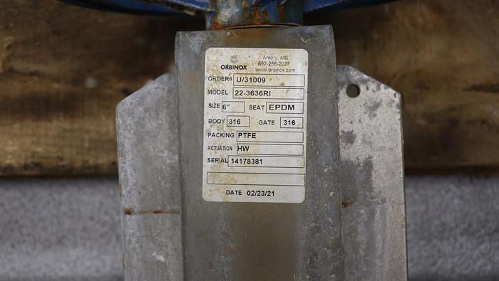 Used Orbinox 6" Hand Operated Knife Gate Valve #44787