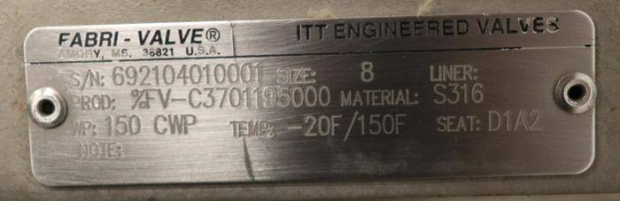 Used FABRI-VALVE 8" Hand Operated Knife Gate Valve #46251