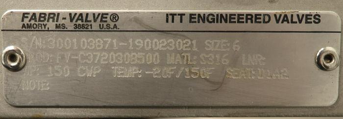 Used FABRI-VALVE 6" Hand Operated Knife Gate Valve #46249