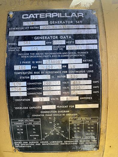 Used Caterpillar 150 KW 3208 Standby Generator Set