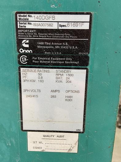 Used CUMMINS  Model 140DGFB GEN SET