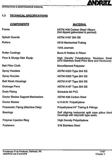 Used Andritz  Gravity Table/Thickener, 1.0 Meter, Left Hand #21379