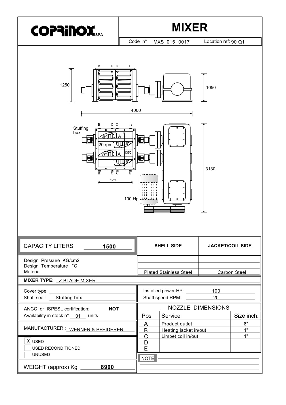 Usato Miscelatore WERNER & PFLEIDERER da 1500 Litri