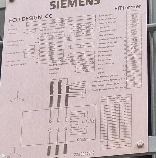 Used 1 x 12,500KVA Step Up Transformer 6.3kV - 20kV (USED) 50Hz