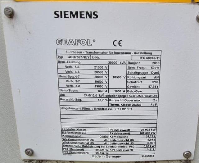 Used 1 x 30,000KVA Step Up Transformer 10.5kV - 20kV (USED) 50Hz
